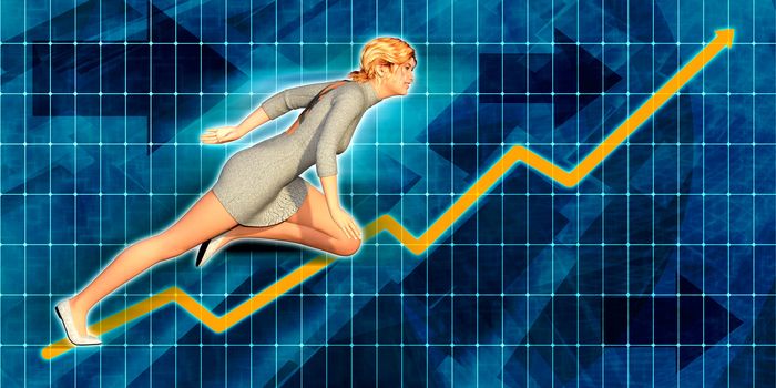 Caucasian Businesswoman Running with Chart Graph Background Art