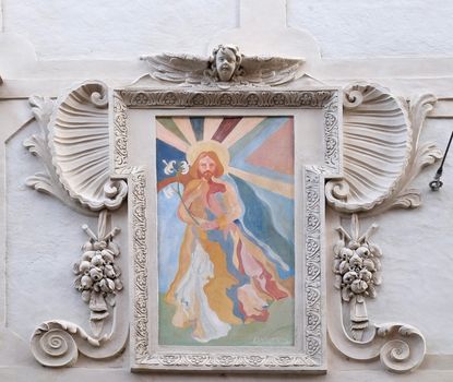 Saint Joseph, fresco painting on the house facade in Graz, Styria, Austria