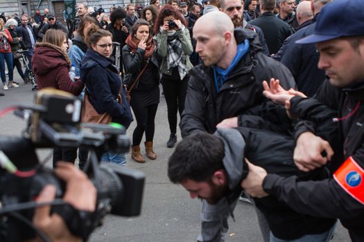 BELGIUM, Brussels: Police arrest at least ten people during a demonstration against racism at Bourse square on April 2, 2016, central Brussels, according to Belgian newspaper Le Soir. Belgian authorities ban any gathering on the same day. A week before, riot police fired water cannon at far-right football hooligans who invaded the same square in the Belgian capital that has become a memorial to the victims of the Brussels attacks. 