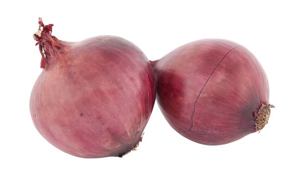 two whole red onion on white background