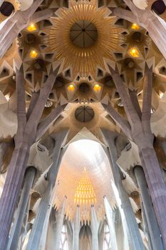 Barcelona, Spain - Jun 10:Interior of  La Sagrada Familia - designed by Gaudi, which is being build since 19 March 1882 and is not finished yet Jun 10, 2014 in Barcelona, Spain.