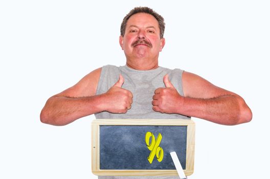 Thumbs up! Man showing two thumbs up. Below is a table with the inscription  percent on white background.