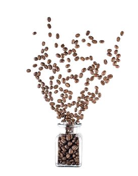 Glass jar of coffee beans isolated on white background.