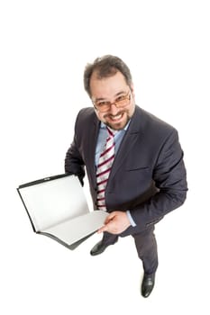 the adult man holds the folder in hand