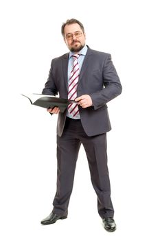 the adult man holds the folder in hand