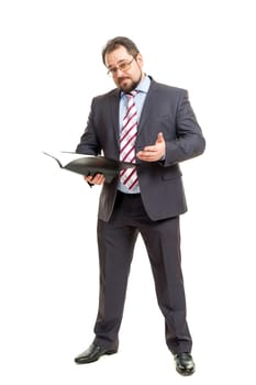 the adult man holds the folder in hand