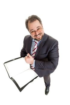 the adult man holds the folder in hand