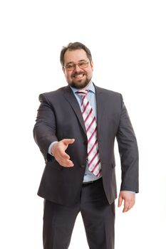 the adult man in a suit costs on a white background and offers a hand for handshake