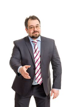 the adult man in a suit costs on a white background and offers a hand for handshake