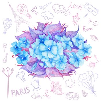 Creative illustration card with blue hydrangea flowers and purple france icons and letterings