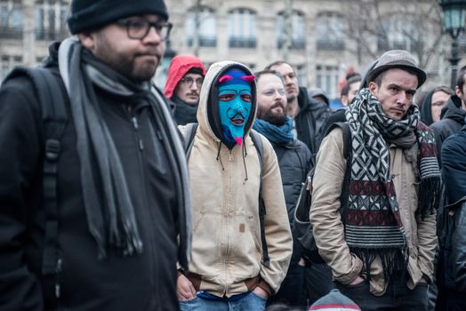 FRANCE, Paris : People join the Nuit Debout or Standing night movement at the Place de la Republique in Paris on April 2, 2016. A few hundred people rallied to demand the halt of home evictions which can begin the day after the end of the French winter break, after which tenants can be evicted from their homes. They also gathered to show their opposition to the labor reform law in the wake of the nationwide demonstration which took place on March 31, 2016.