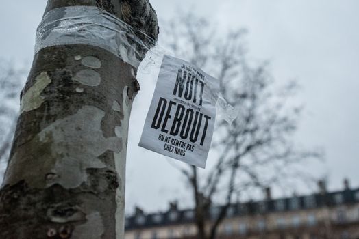 FRANCE, Paris : People join the Nuit Debout or Standing night movement at the Place de la Republique in Paris on April 2, 2016. A few hundred people rallied to demand the halt of home evictions which can begin the day after the end of the French winter break, after which tenants can be evicted from their homes. They also gathered to show their opposition to the labor reform law in the wake of the nationwide demonstration which took place on March 31, 2016.