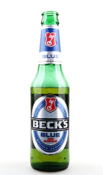 AYTOS, BULGARIA - APRIL 03, 2016: Beck's Non-Alcoholic Beer Isolated On White. Beck's Brewery is a German brewery in the northern German city of Bremen.