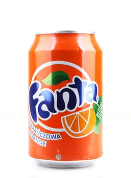 AYTOS, BULGARIA - APRIL 03, 2016: Fanta can isolated on white background. Fanta is a carbonated soft drink sold in stores, restaurants, and vending machines throughout the world.