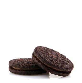 AYTOS, BULGARIA - APRIL 03, 2016: Oreo isolated on white background. Oreo is a sandwich cookie consisting of two chocolate disks with a sweet cream filling in between.