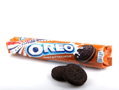 AYTOS, BULGARIA - APRIL 03, 2016: Oreo isolated on white background. Oreo is a sandwich cookie consisting of two chocolate disks with a sweet cream filling in between.