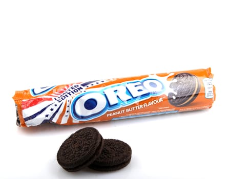 AYTOS, BULGARIA - APRIL 03, 2016: Oreo isolated on white background. Oreo is a sandwich cookie consisting of two chocolate disks with a sweet cream filling in between.