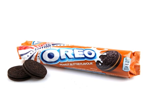 AYTOS, BULGARIA - APRIL 03, 2016: Oreo isolated on white background. Oreo is a sandwich cookie consisting of two chocolate disks with a sweet cream filling in between.