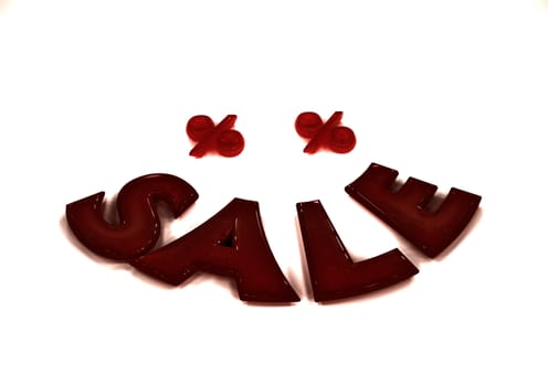 Dimensional word of SALE and percents near it. Like a smile. 3D illustration.