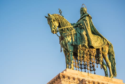 Saint Stefan Statue at Fisherman's Bastion, in Budapest, Hungary with Clear Blue Sky in Background