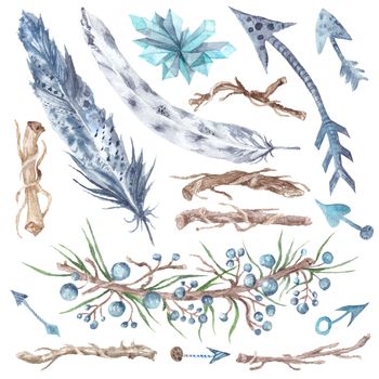 Collection of stylish watercolor hand-painted feathers, florals, arrows and triangles in boho style 