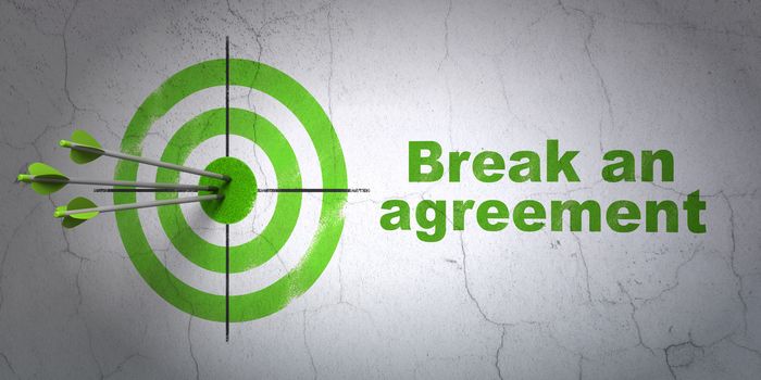 Success law concept: arrows hitting the center of target, Green Break An Agreement on wall background, 3D rendering