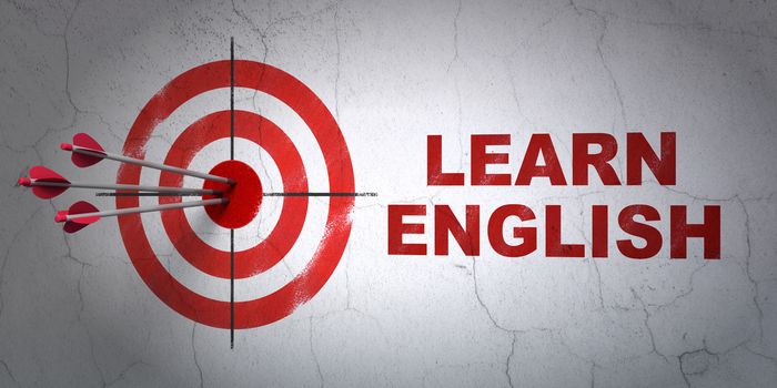 Success Learning concept: arrows hitting the center of target, Red Learn English on wall background, 3D rendering