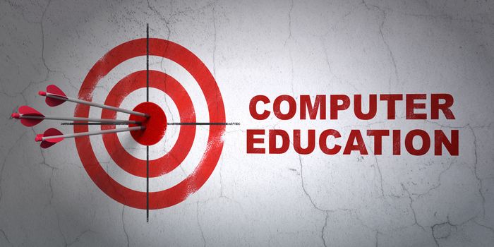 Success Learning concept: arrows hitting the center of target, Red Computer Education on wall background, 3D rendering