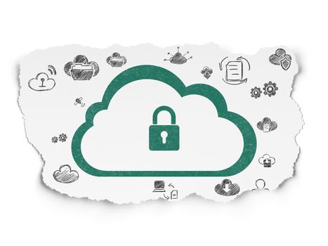 Cloud computing concept: Painted green Cloud With Padlock icon on Torn Paper background with  Hand Drawn Cloud Technology Icons
