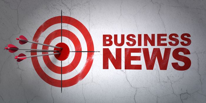 Success news concept: arrows hitting the center of target, Red Business News on wall background, 3D rendering