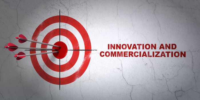 Success Science concept: arrows hitting the center of target, Red Innovation And Commercialization on wall background, 3D rendering