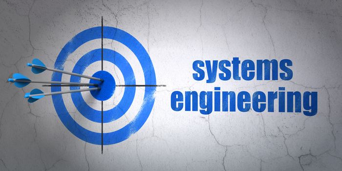 Success Science concept: arrows hitting the center of target, Blue Systems Engineering on wall background, 3D rendering