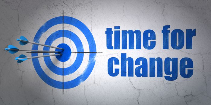 Success time concept: arrows hitting the center of target, Blue Time for Change on wall background, 3D rendering