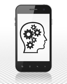 Business concept: Smartphone with black Head With Gears icon on display, 3D rendering