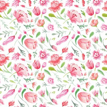 Summer bright hand-painted pattern with wild flowers and leaves for eco design on white background