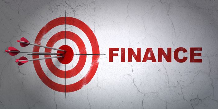 Success finance concept: arrows hitting the center of target, Red Finance on wall background, 3D rendering