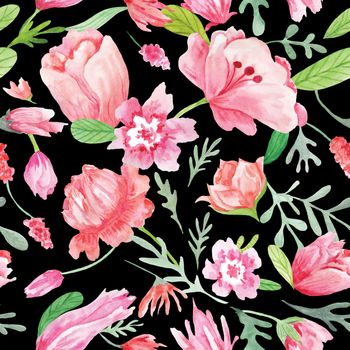 Bright floral spring texture on black background for textile and wallpaper design