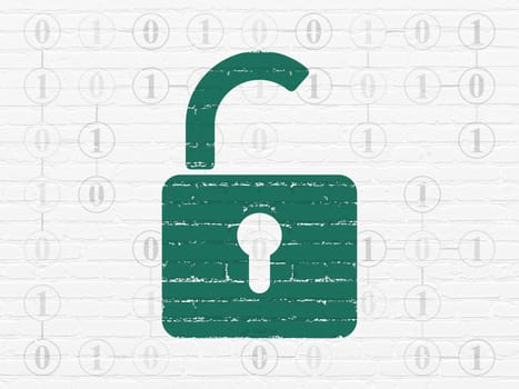Data concept: Painted green Opened Padlock icon on White Brick wall background with Scheme Of Binary Code