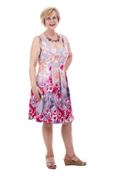 pretty woman wearing flower dress on white isolated background