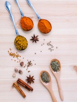 Assorted of dried spices white pepper,cumin ,cinnamon ,thyme ,chili  ,rosemary and fennel seeds with white mortar on wooden background.