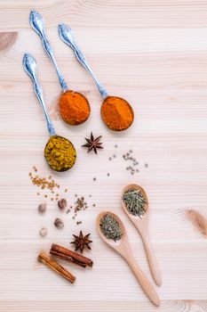 Assorted of dried spices white pepper,cumin ,cinnamon ,thyme ,chili  ,rosemary and fennel seeds with white mortar on wooden background.