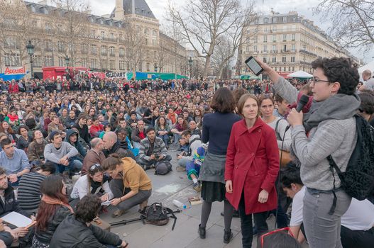 FRANCE, Paris: Hundreds of militants of the Nuit Debout or Standing night movement hold a general assembly to vote about the developments of the movement at the Place de la Republique in Paris on April 3, 2016. It has been four days that hundred of people have occupied the square to show, at first, their opposition to the labour reforms in the wake of the nationwide demonstration which took place on March 31, 2016. 