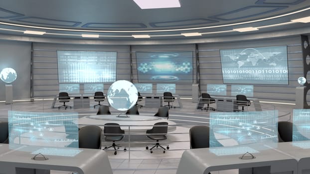 Futuristic interior view of office with holographic screen, technology concept