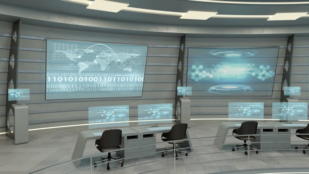 Futuristic interior view of office with holographic screen and world map, technology concept
