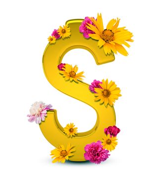 Golden dollar sign with flowers isolated on white background. 3D illustration