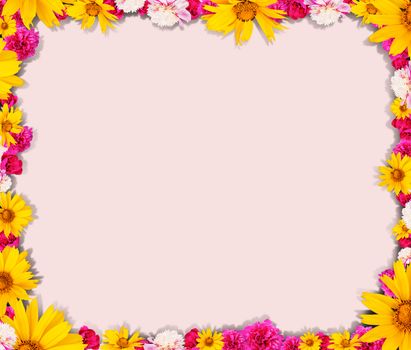 Round shape from flowers on pink background