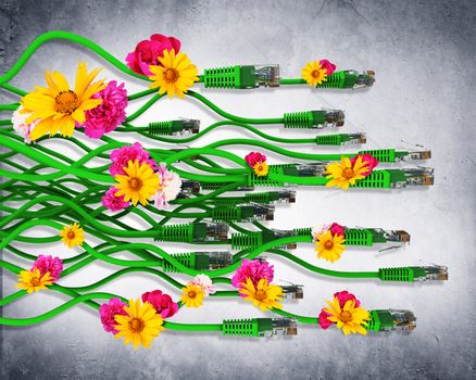 Computer cables with flowers on grey wall background. 3D illustration