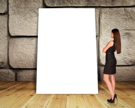 Big blank banner with businesswoman in dress on grey wall background