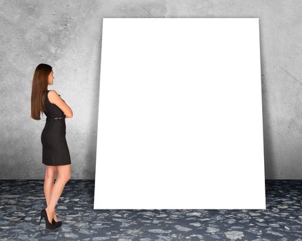Big blank banner with businesslady on grey wall background