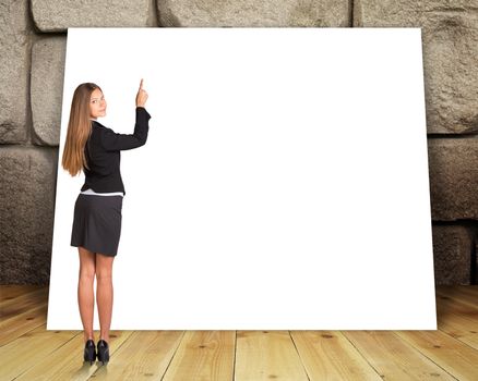 Big blank banner with lady on grey wall background